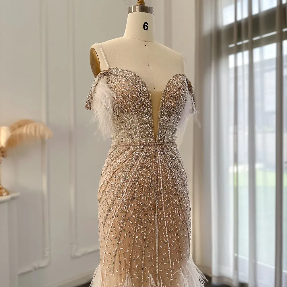 Luxury Feathers White Nude Off Shoulder Evening Dress SS121