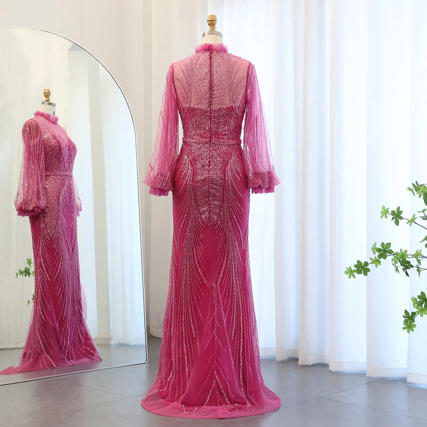 Luxury Fuchsia High Neck Long Sleeves Evening Dress SS133