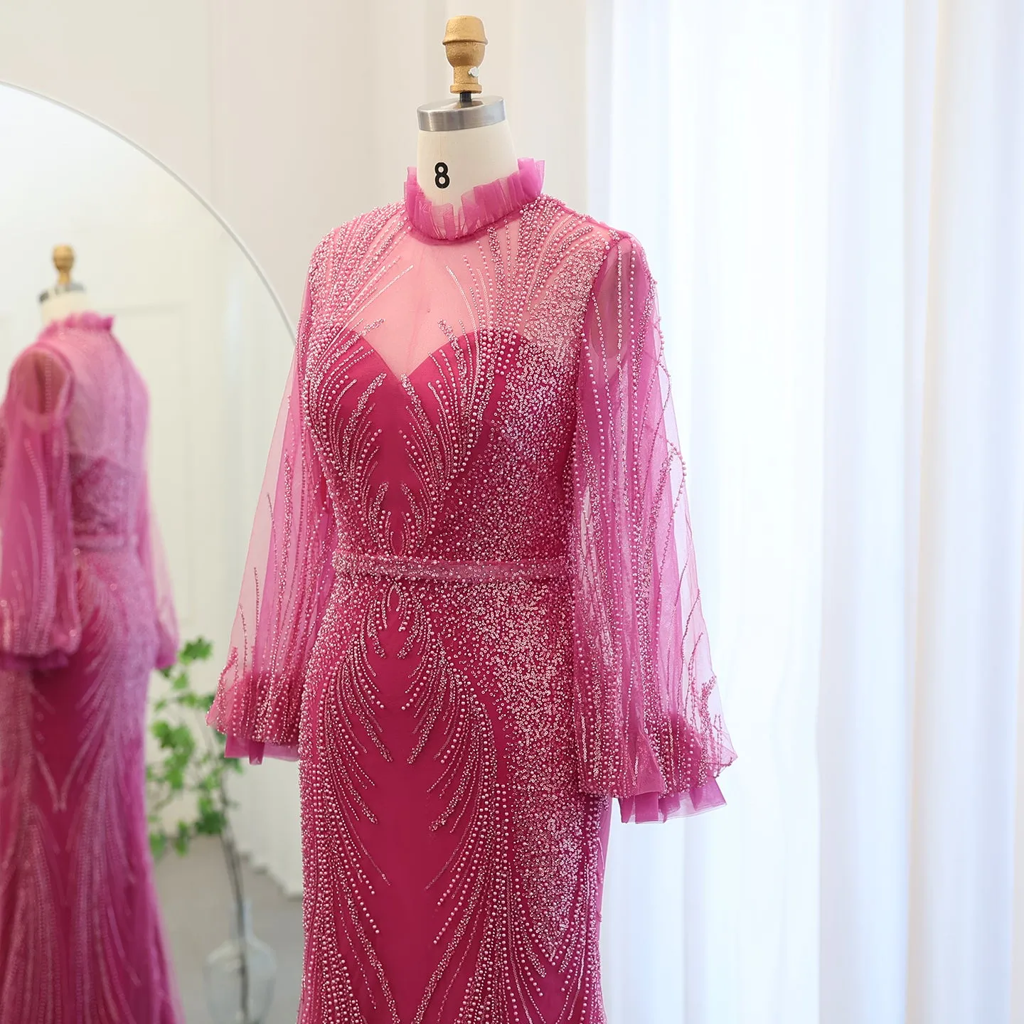 Luxury Fuchsia High Neck Long Sleeves Evening Dress SS133