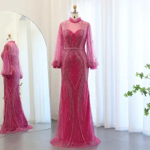 Luxury Fuchsia High Neck Long Sleeves Evening Dress SS133