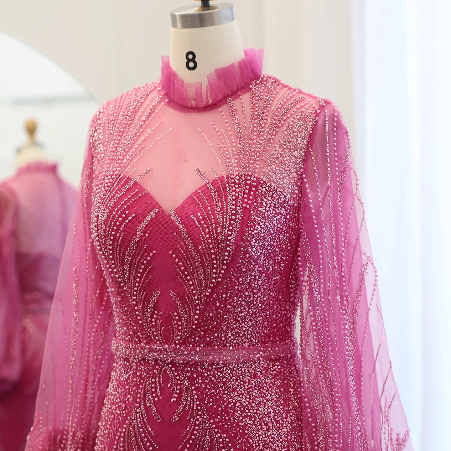 Luxury Fuchsia High Neck Long Sleeves Evening Dress SS133