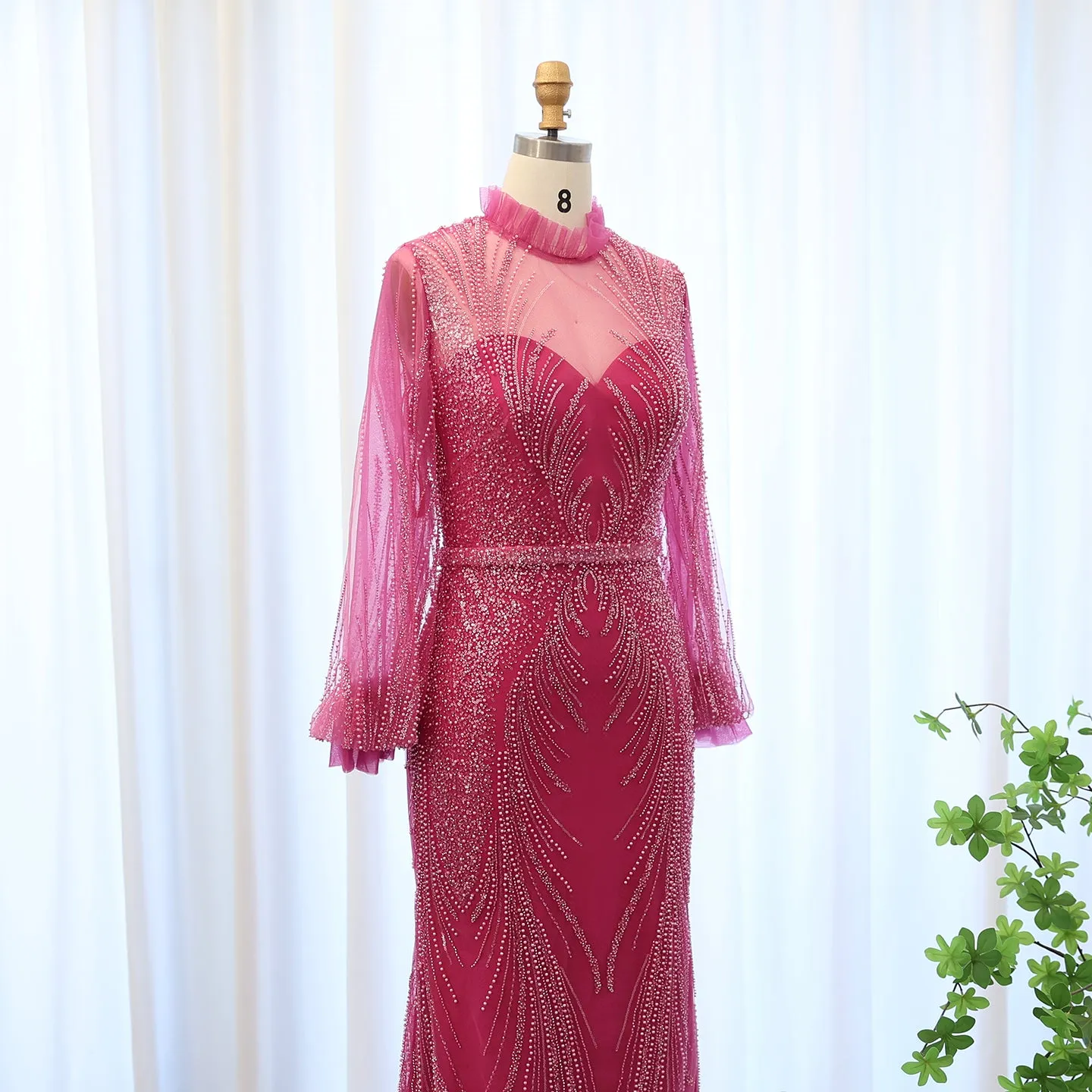 Luxury Fuchsia High Neck Long Sleeves Evening Dress SS133