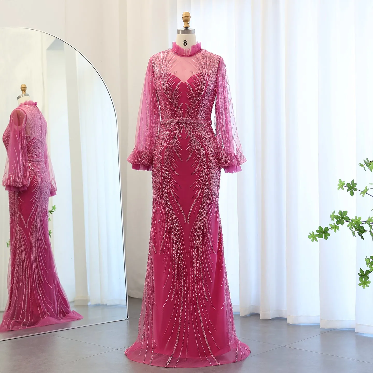 Luxury Fuchsia High Neck Long Sleeves Evening Dress SS133