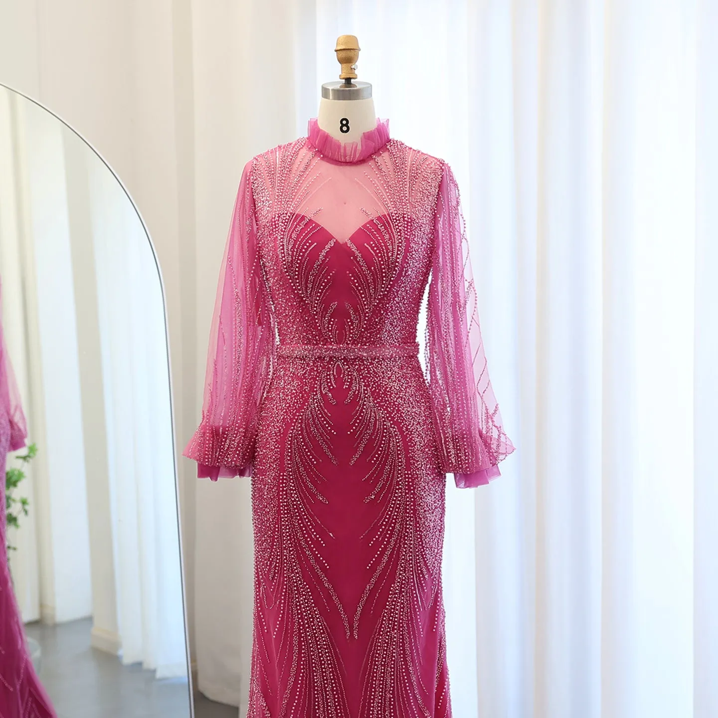 Luxury Fuchsia High Neck Long Sleeves Evening Dress SS133