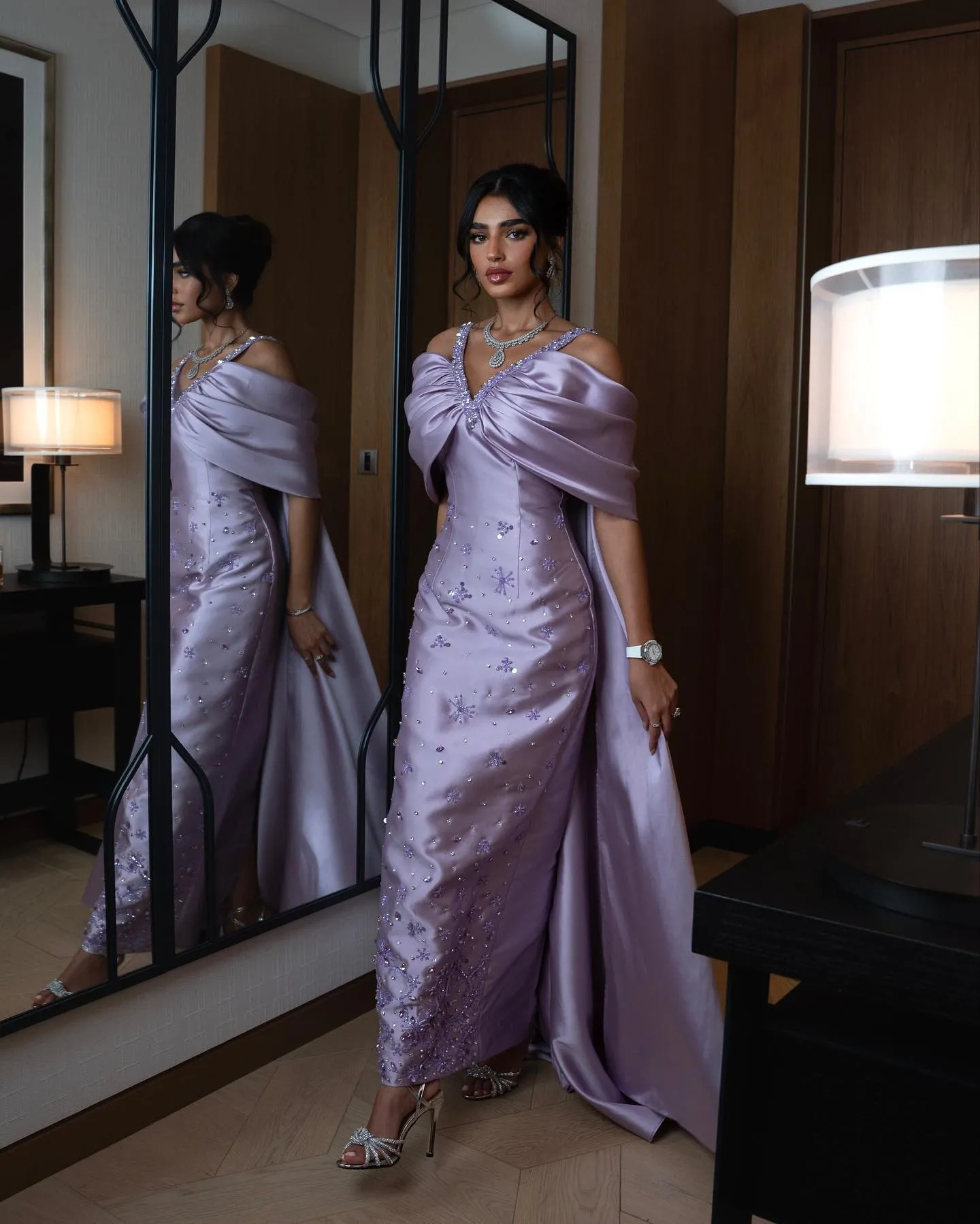 Luxury Lilac Beaded Off Shoulder Evening Dress with Cape SS341