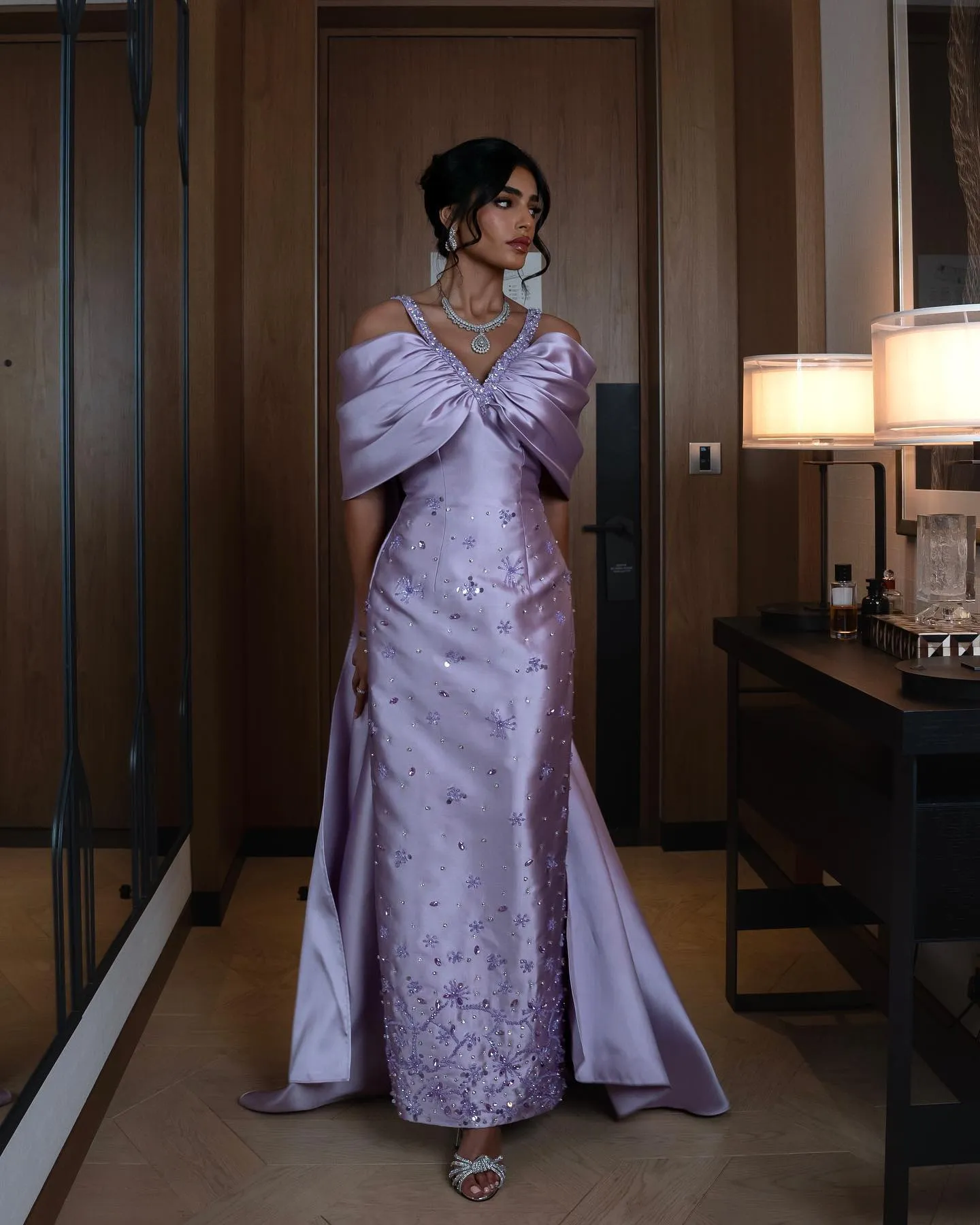 Luxury Lilac Beaded Off Shoulder Evening Dress with Cape SS341