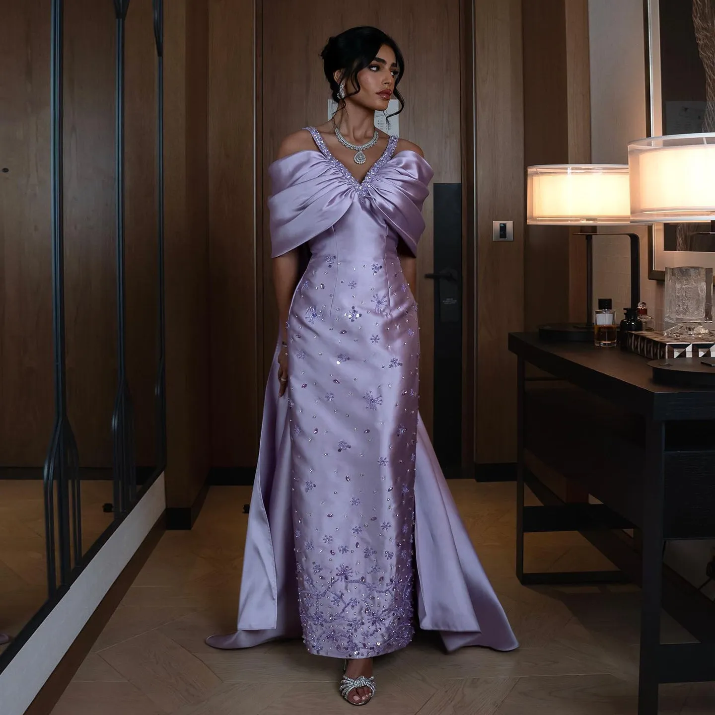 Luxury Lilac Beaded Off Shoulder Evening Dress with Cape SS341
