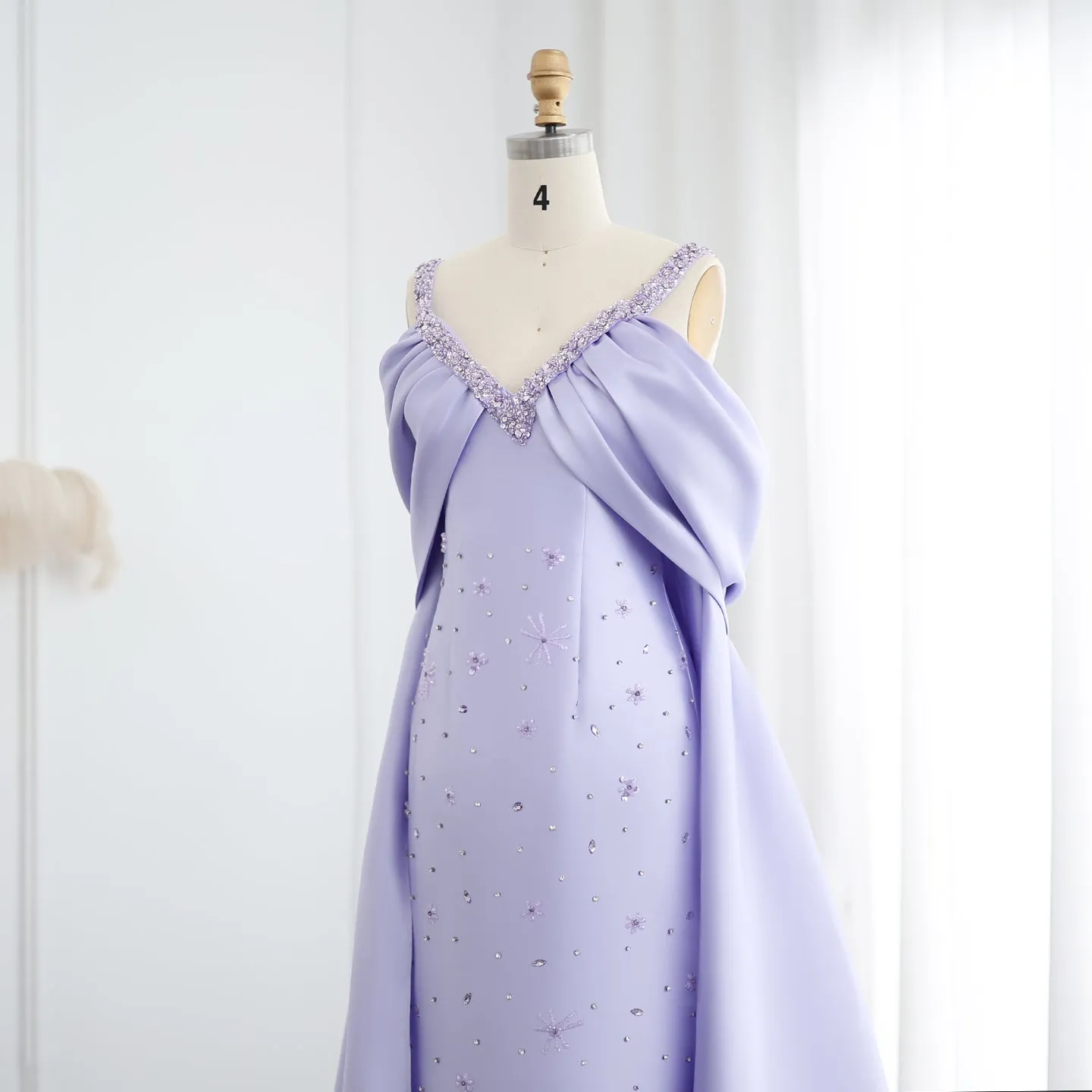 Luxury Lilac Beaded Off Shoulder Evening Dress with Cape SS341