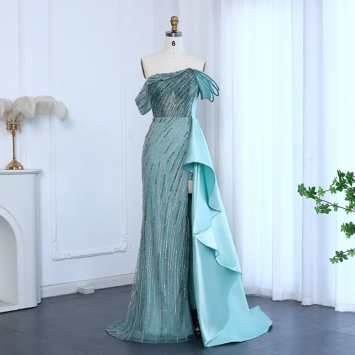 Luxury Lilac Off Shoulder Evening Dress with Overskirt SS028