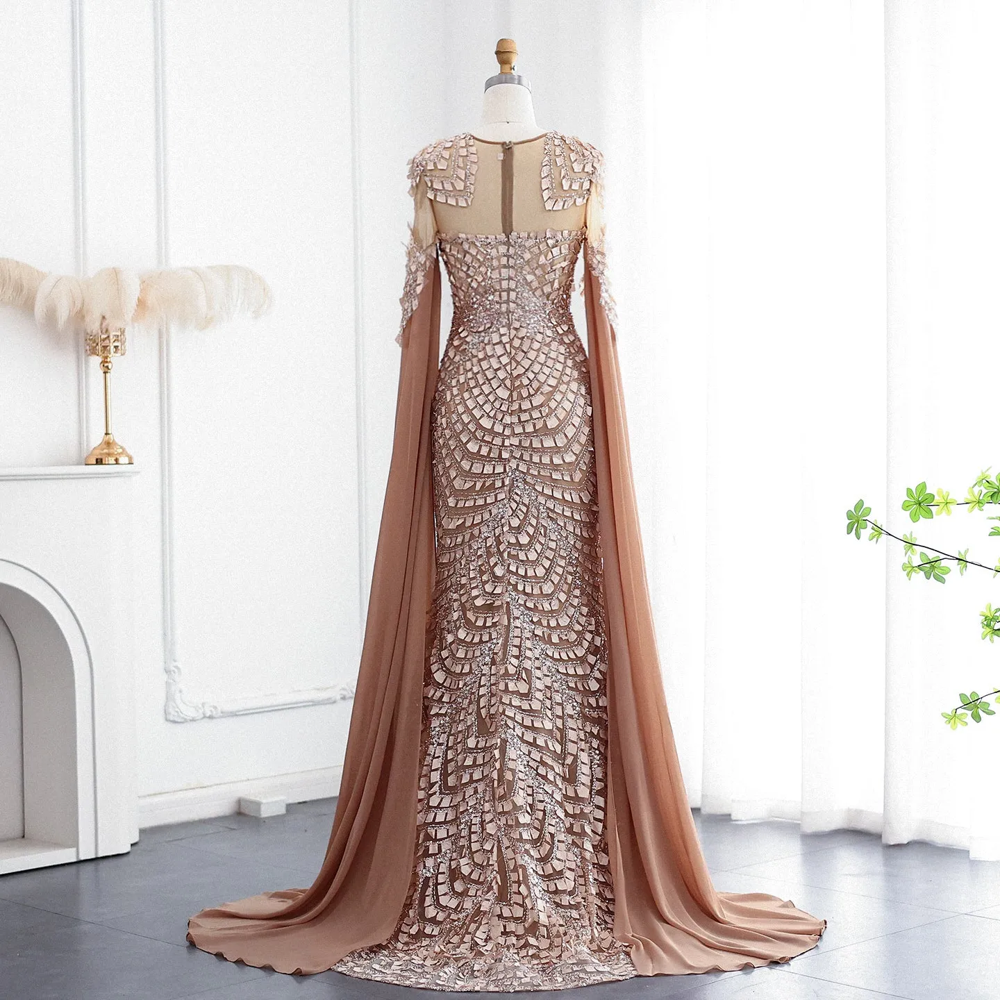 Luxury Orange Mermaid Evening Dress with Cape Sleeves SS002