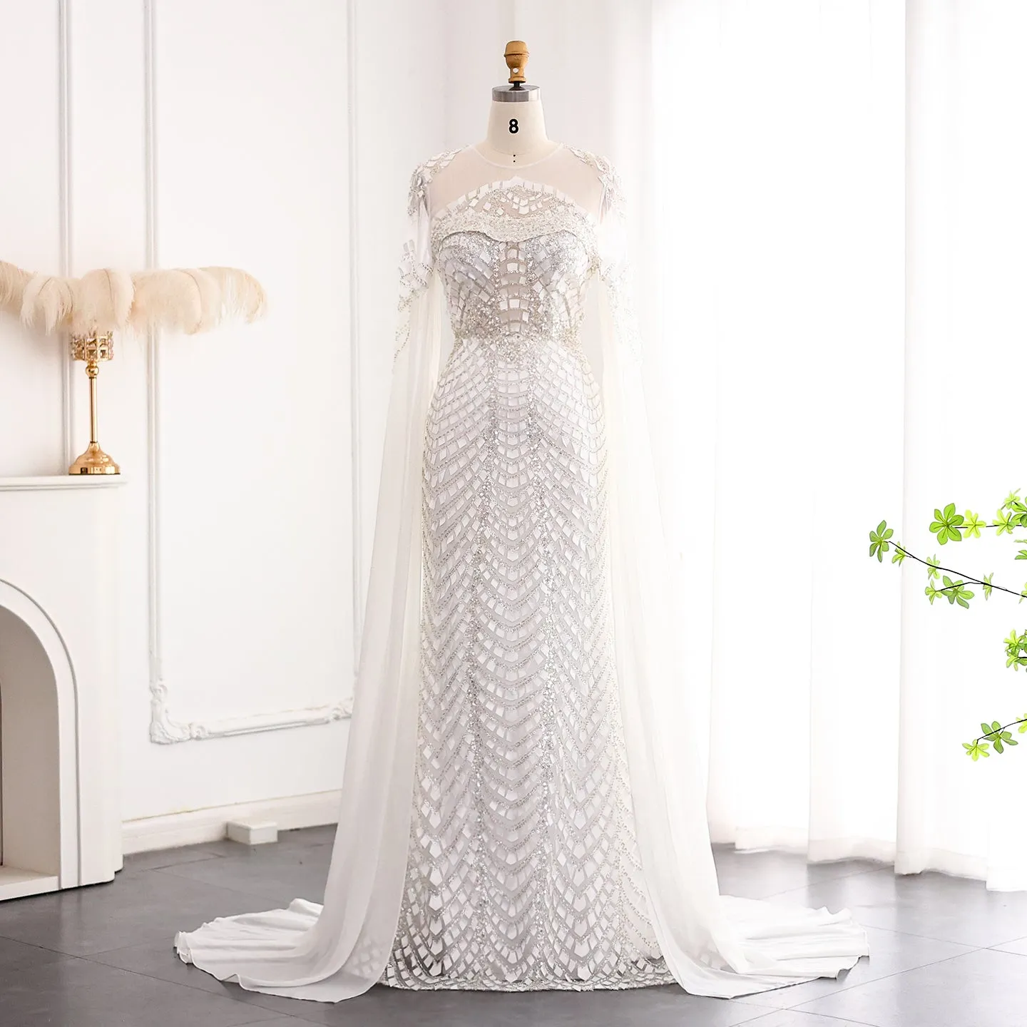 Luxury Orange Mermaid Evening Dress with Cape Sleeves SS002