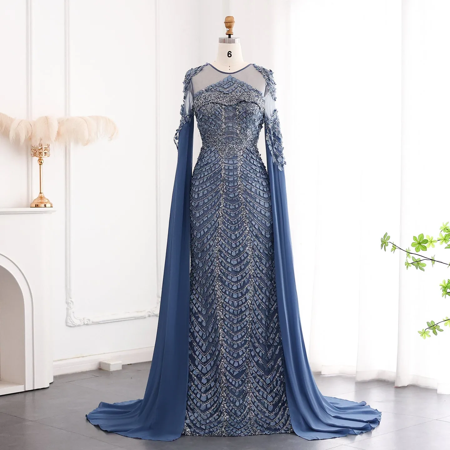 Luxury Orange Mermaid Evening Dress with Cape Sleeves SS002