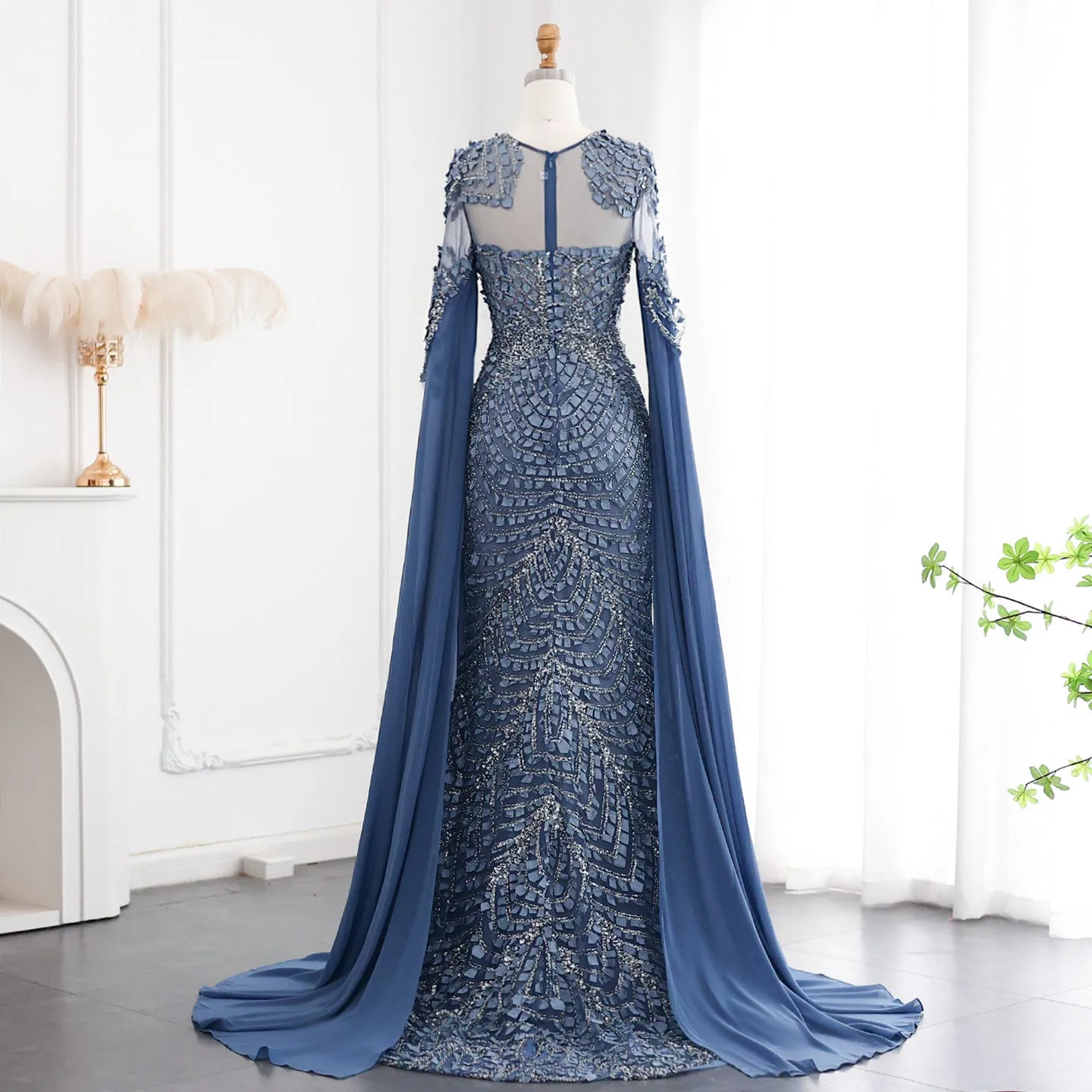 Luxury Orange Mermaid Evening Dress with Cape Sleeves SS002