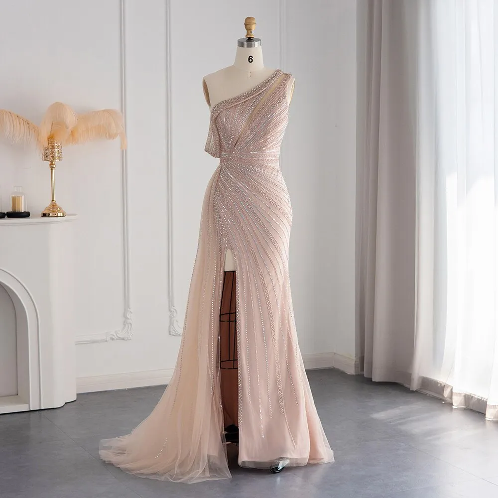 Luxury Pink One Shoulder Evening Dress with Overskirt SS337