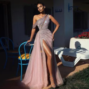Luxury Pink One Shoulder Evening Dress with Overskirt SS337