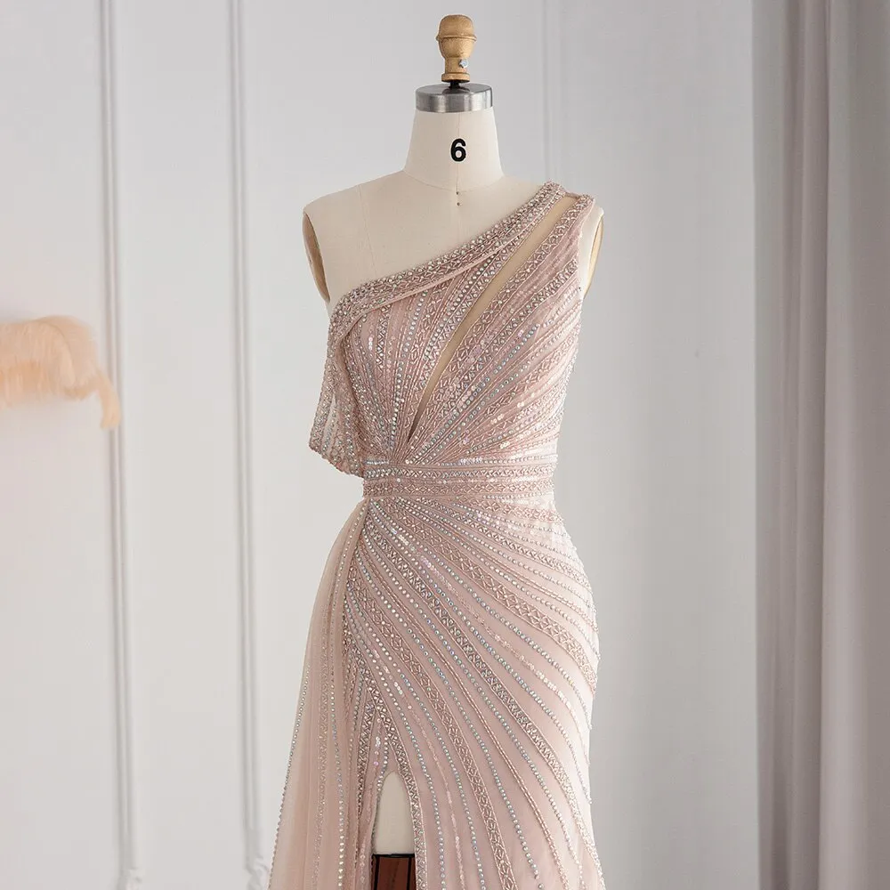Luxury Pink One Shoulder Evening Dress with Overskirt SS337