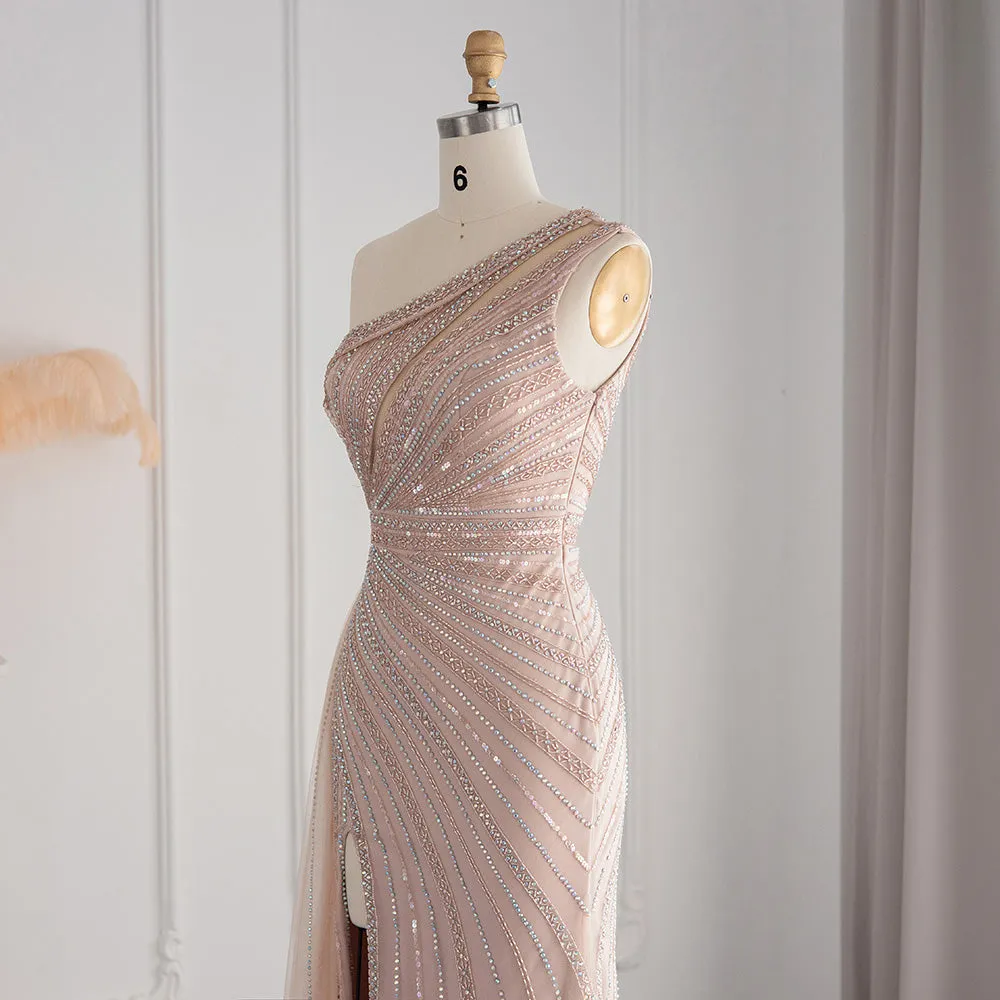 Luxury Pink One Shoulder Evening Dress with Overskirt SS337