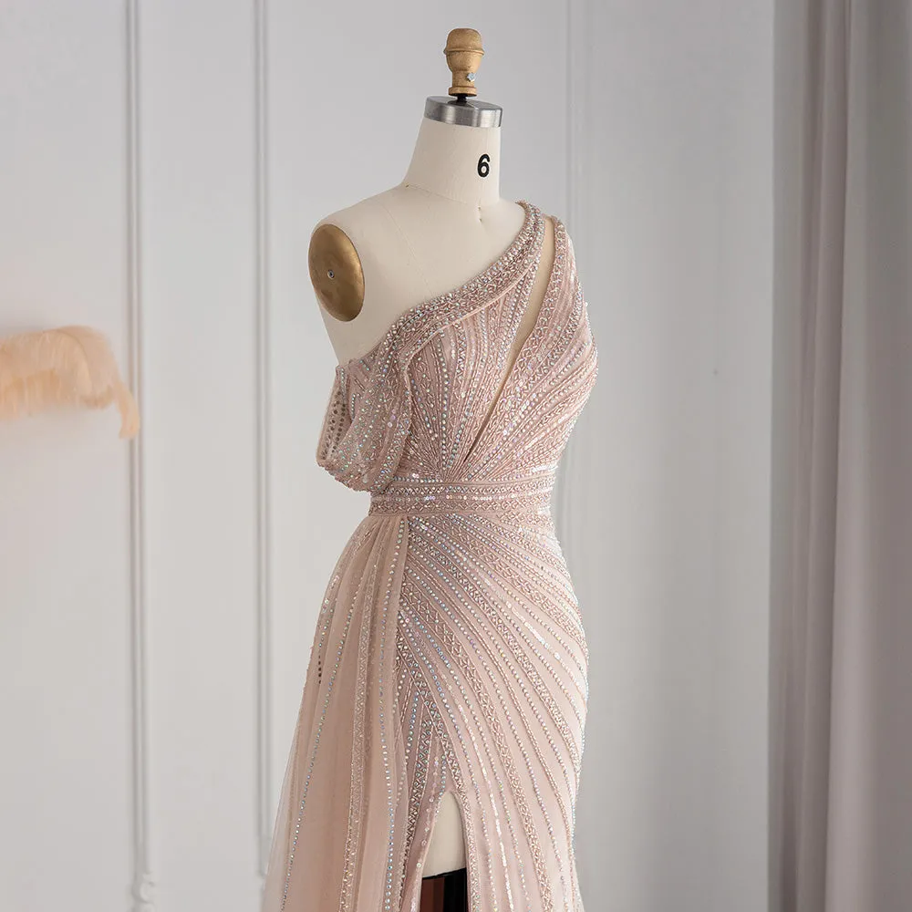 Luxury Pink One Shoulder Evening Dress with Overskirt SS337