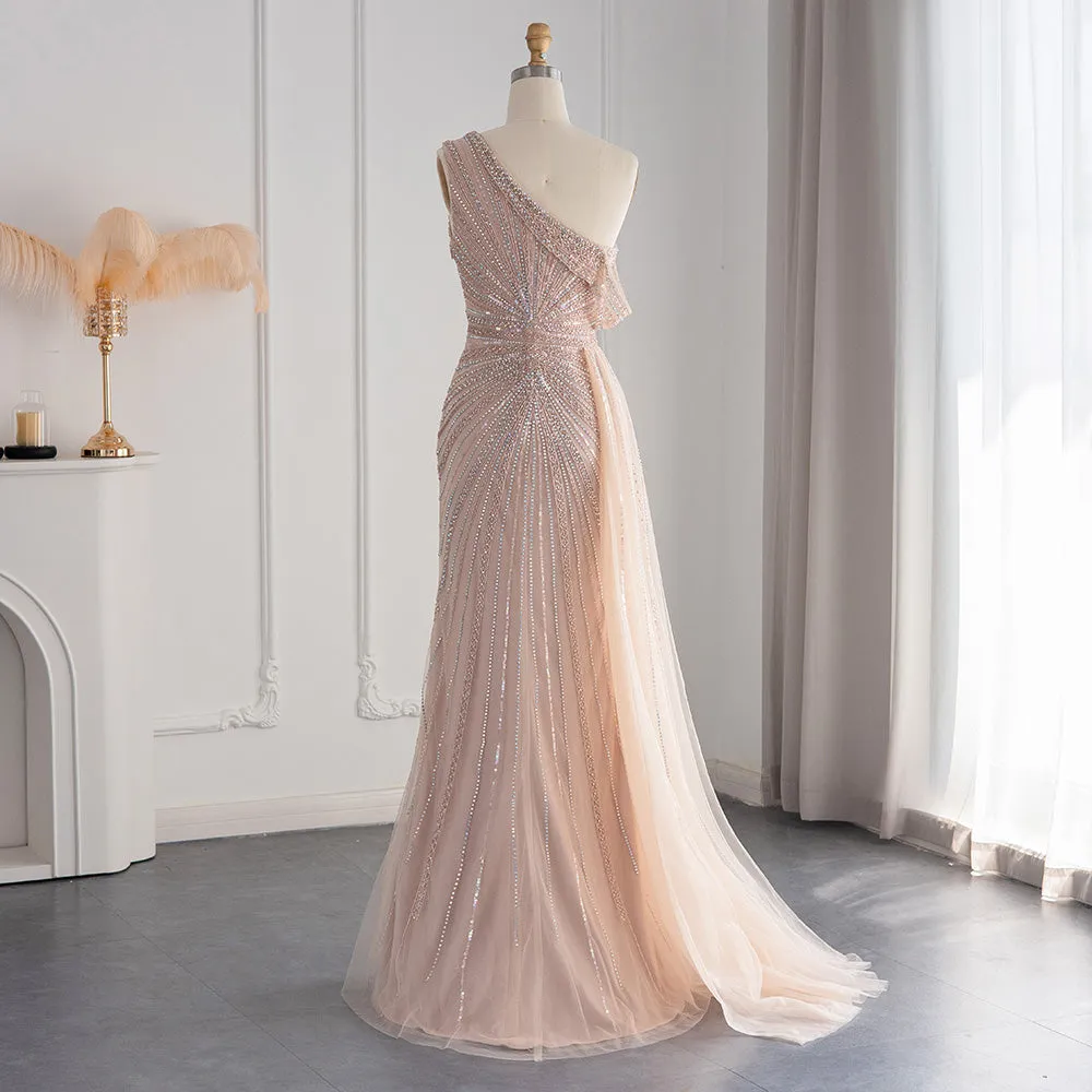 Luxury Pink One Shoulder Evening Dress with Overskirt SS337