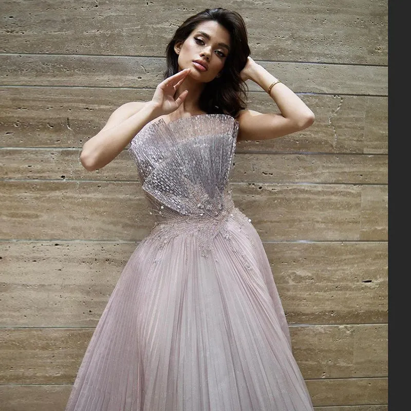 Luxury Pink Scalloped Pleats Evening Dress SS269