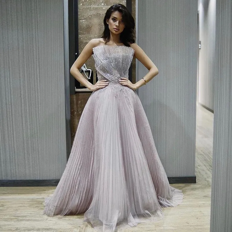 Luxury Pink Scalloped Pleats Evening Dress SS269