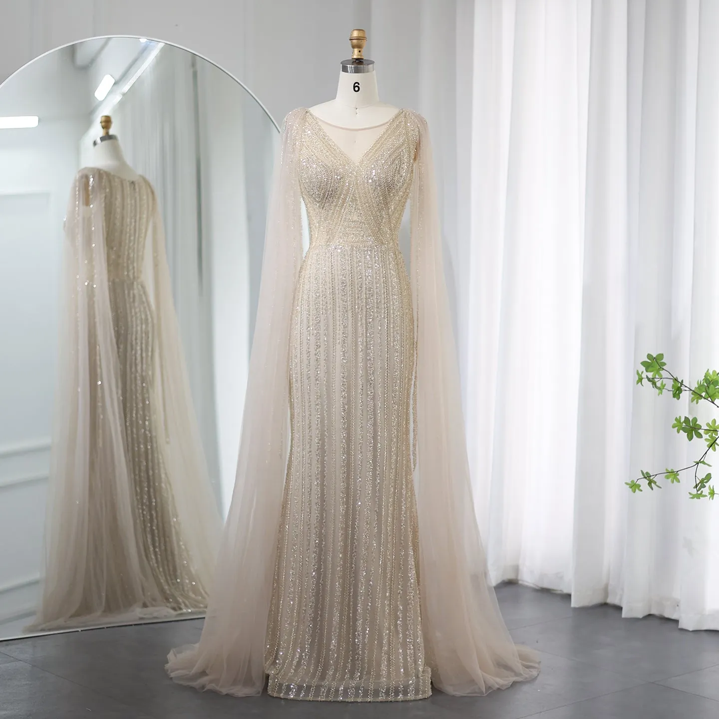 Luxury Sage Green Evening Dress with Cape Sleeves SS086