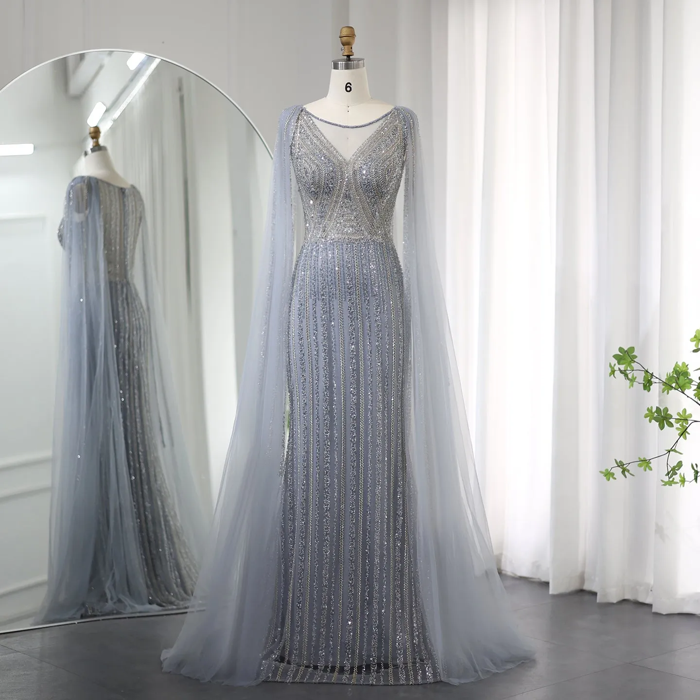 Luxury Sage Green Evening Dress with Cape Sleeves SS086
