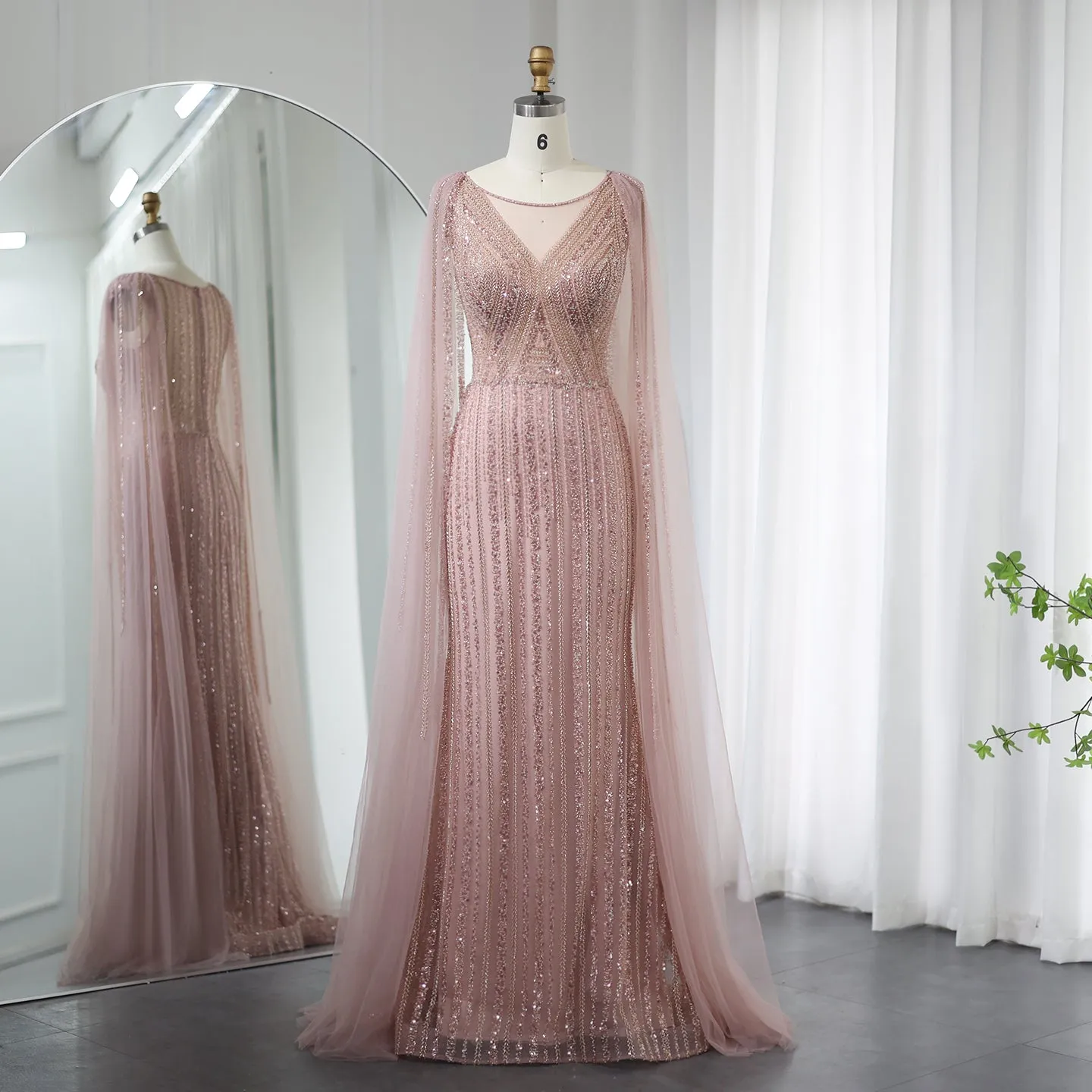 Luxury Sage Green Evening Dress with Cape Sleeves SS086