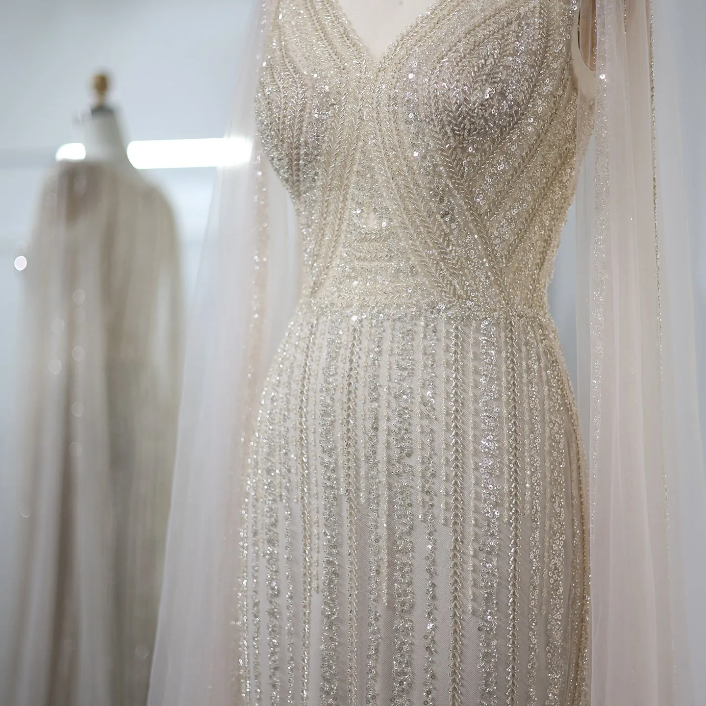 Luxury Sage Green Evening Dress with Cape Sleeves SS086