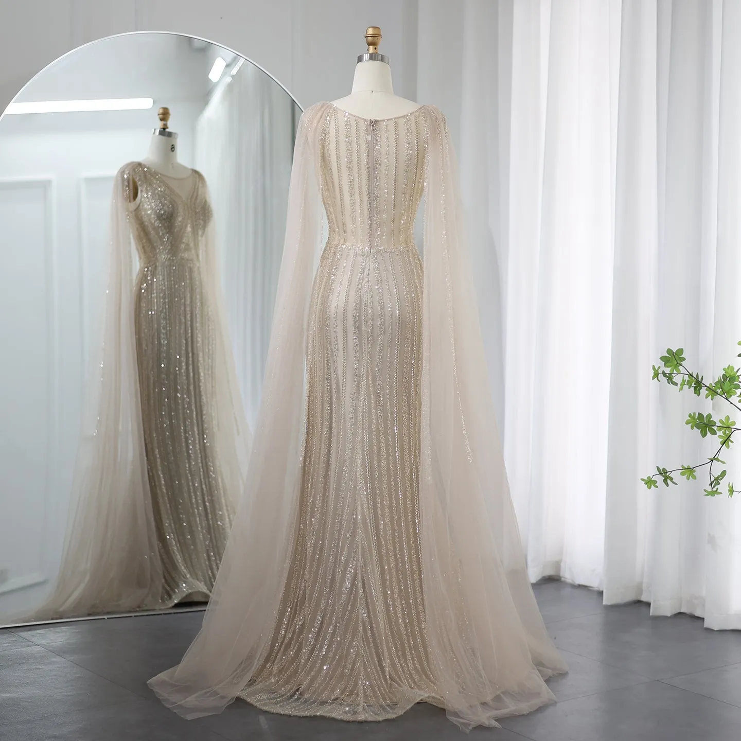 Luxury Sage Green Evening Dress with Cape Sleeves SS086