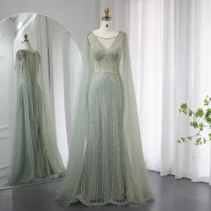 Luxury Sage Green Evening Dress with Cape Sleeves SS086