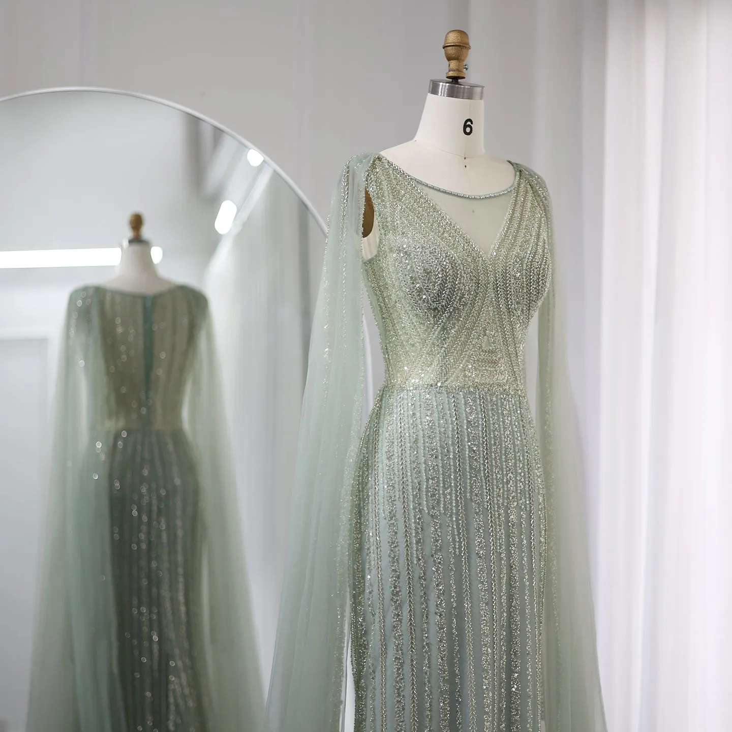 Luxury Sage Green Evening Dress with Cape Sleeves SS086