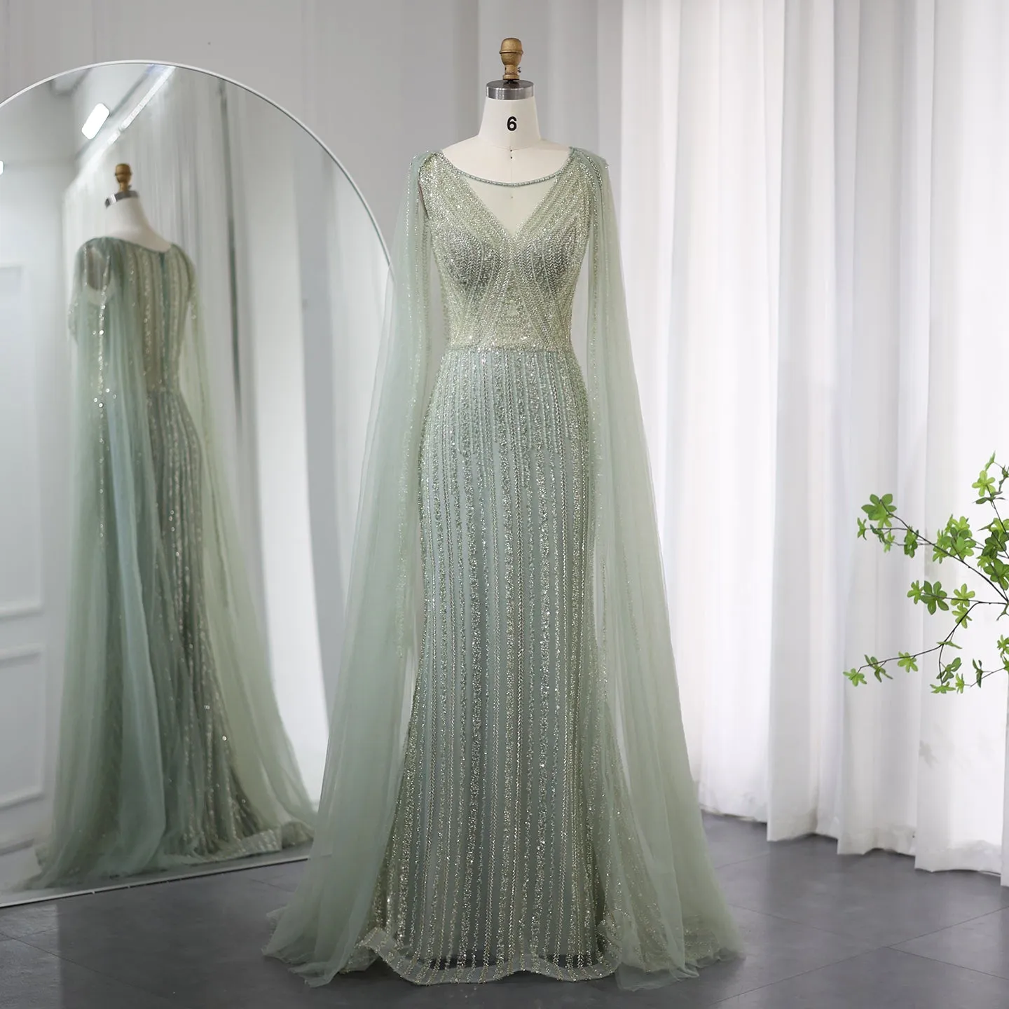 Luxury Sage Green Evening Dress with Cape Sleeves SS086