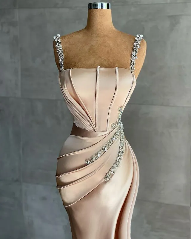 Luxury Sleeveless  Crystal Ruffles Champagne Mermaid Evening Dresses