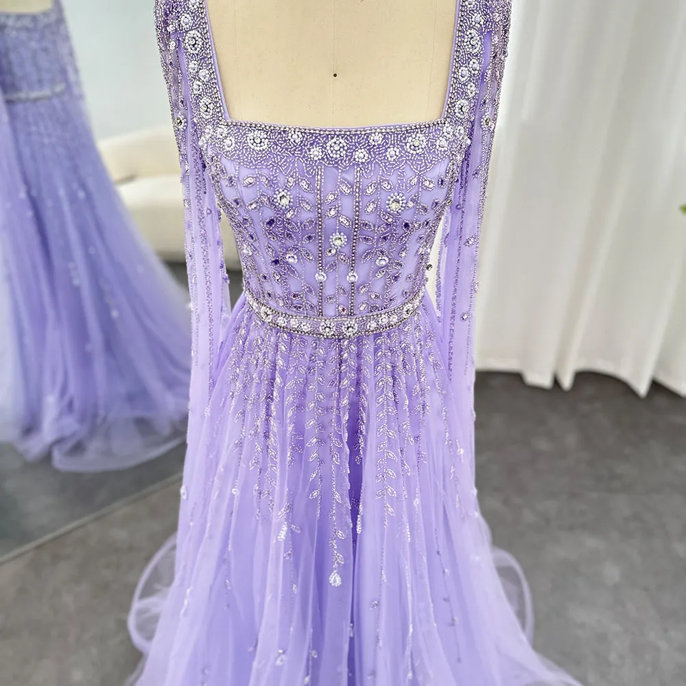 Luxury Square Neck Evening Dress with Cape Sleeves SS494