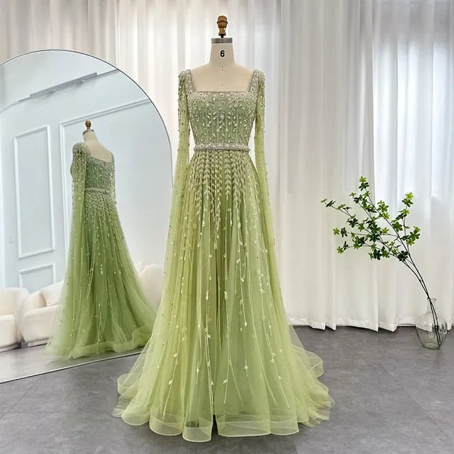 Luxury Square Neck Evening Dress with Cape Sleeves SS494