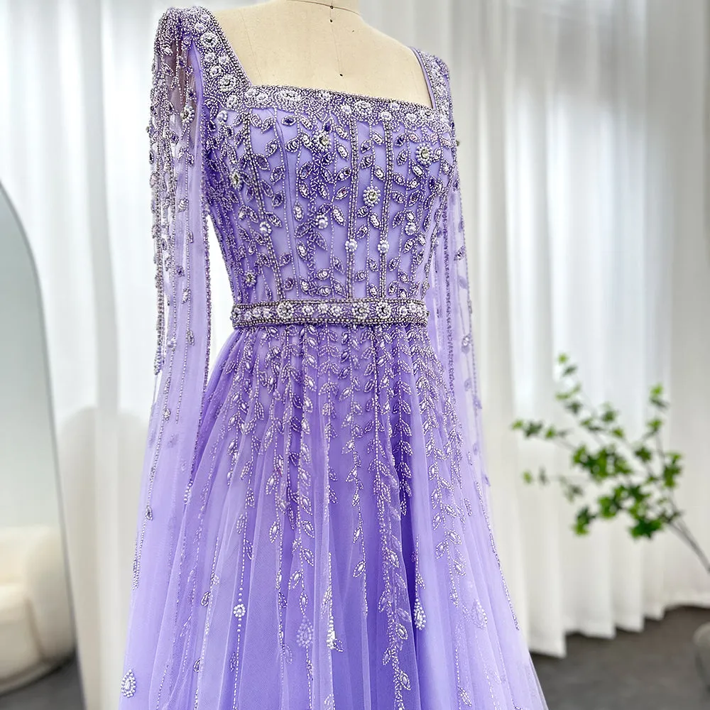Luxury Square Neck Evening Dress with Cape Sleeves SS494