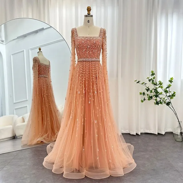Luxury Square Neck Evening Dress with Cape Sleeves SS494