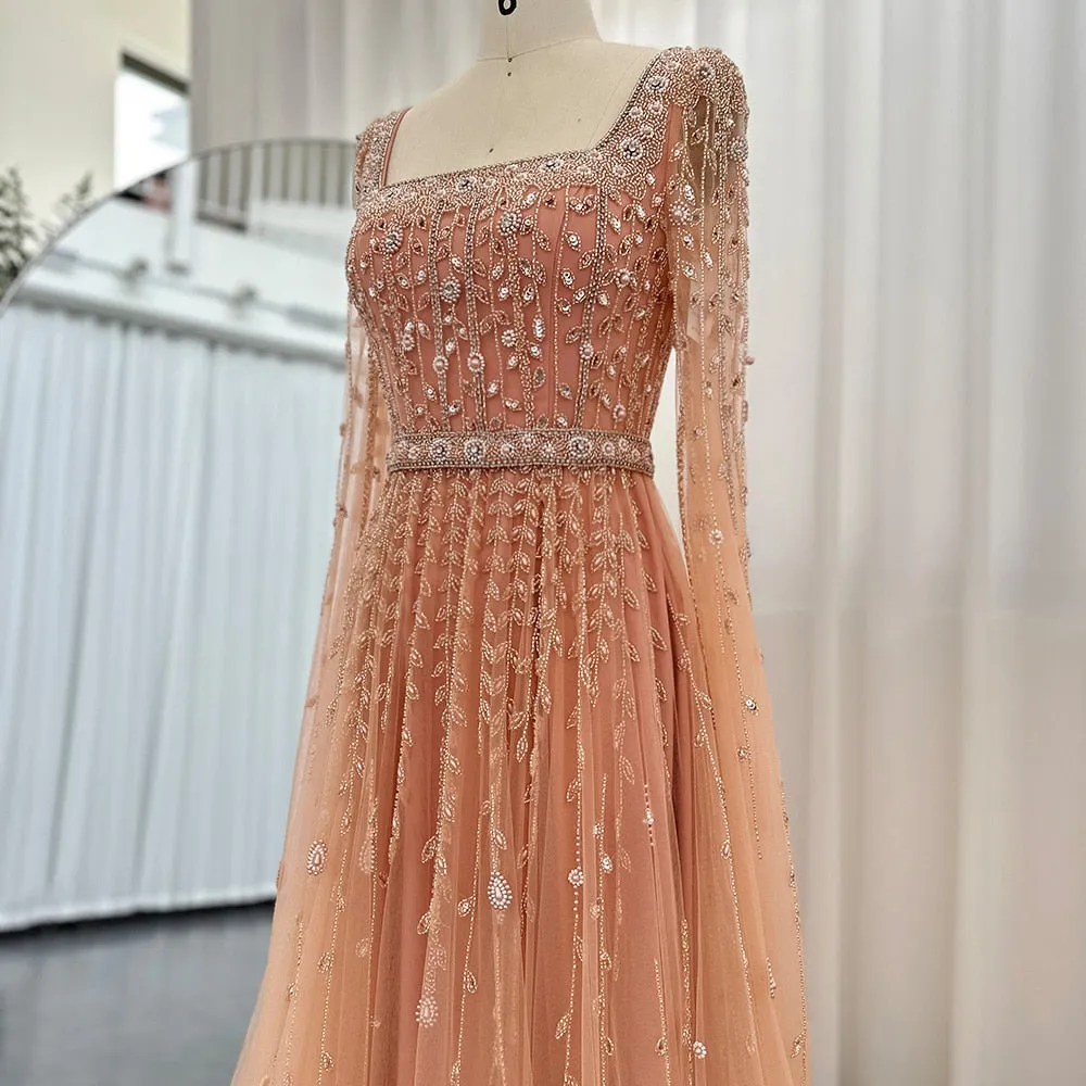 Luxury Square Neck Evening Dress with Cape Sleeves SS494