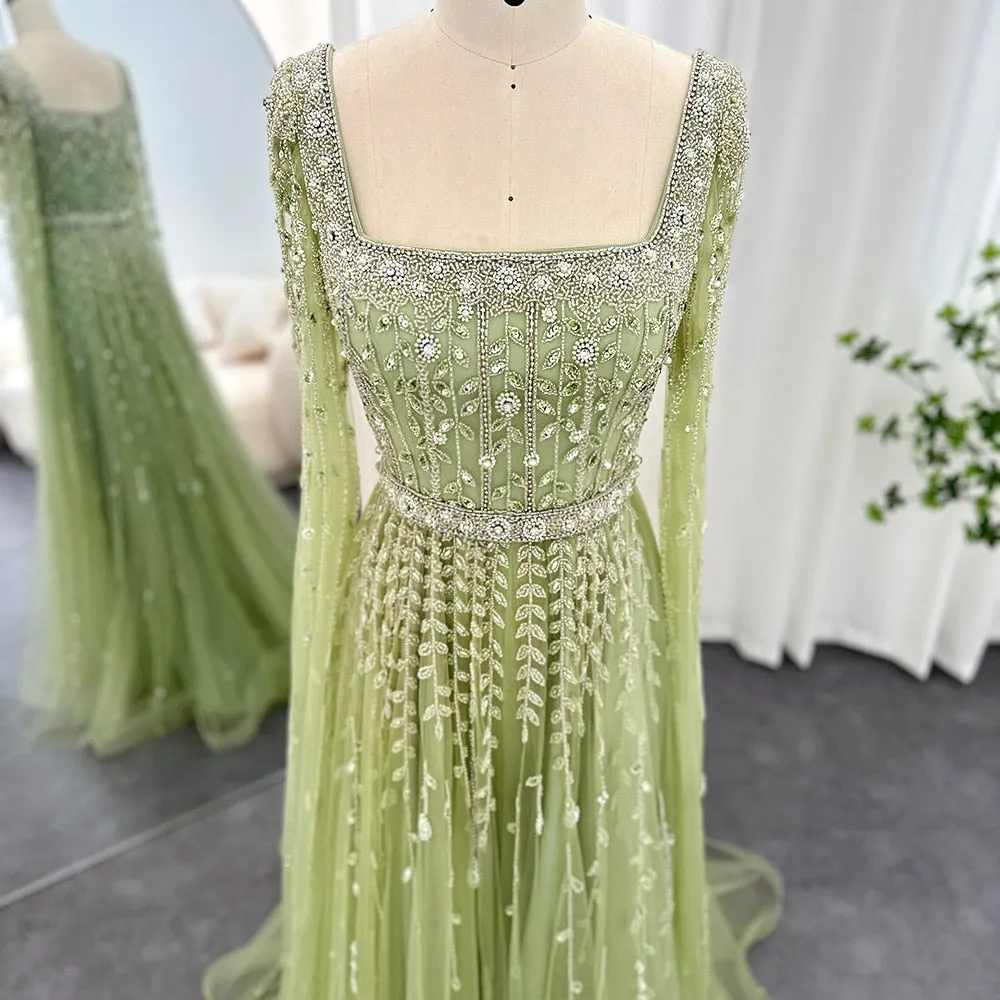 Luxury Square Neck Evening Dress with Cape Sleeves SS494