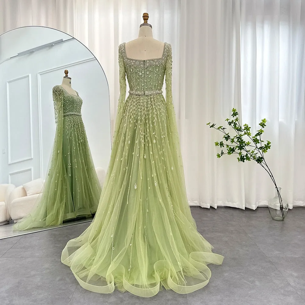 Luxury Square Neck Evening Dress with Cape Sleeves SS494