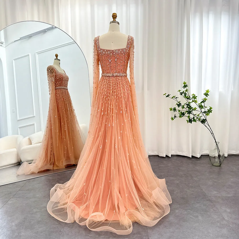 Luxury Square Neck Evening Dress with Cape Sleeves SS494