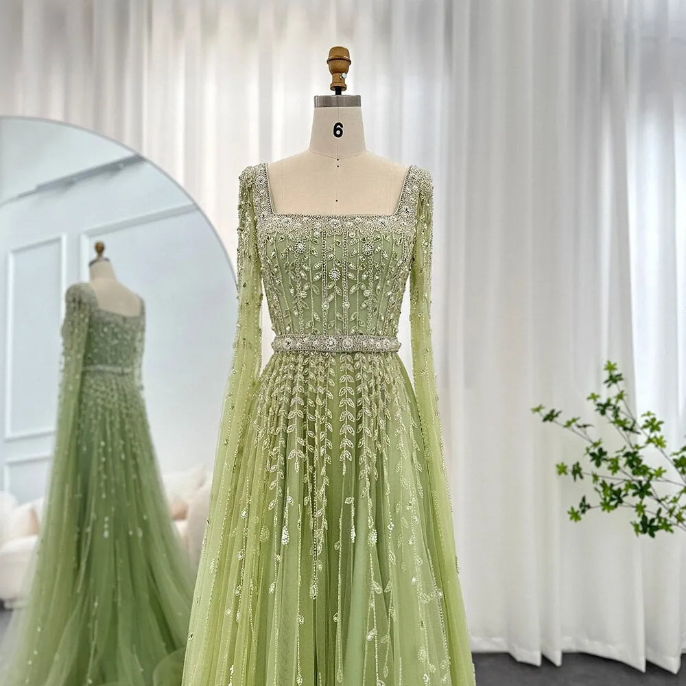 Luxury Square Neck Evening Dress with Cape Sleeves SS494