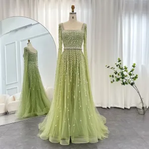 Luxury Square Neck Evening Dress with Cape Sleeves SS494