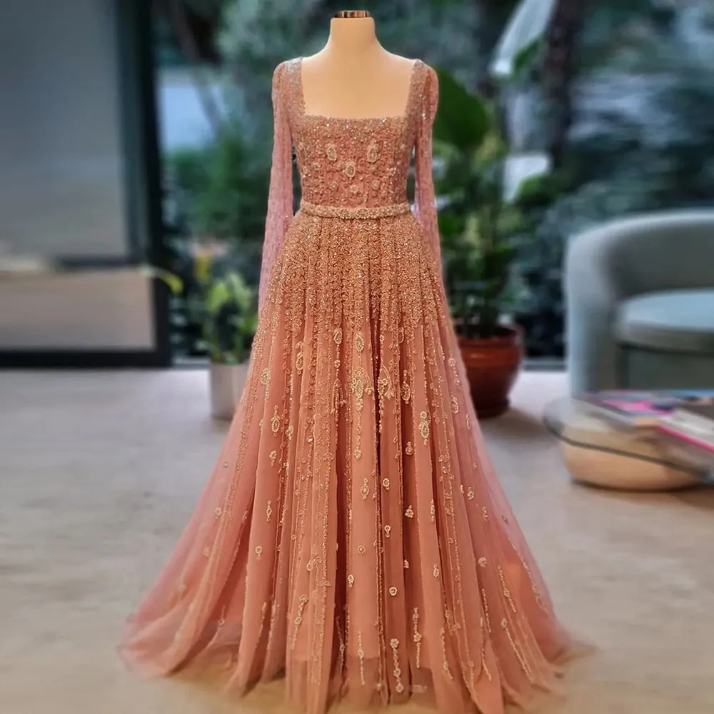 Luxury Square Neck Evening Dress with Cape Sleeves SS494