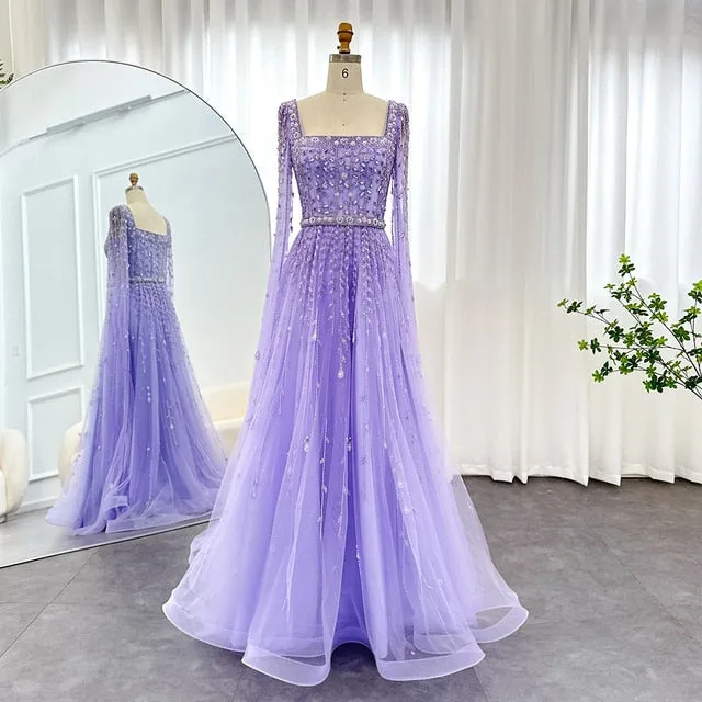Luxury Square Neck Evening Dress with Cape Sleeves SS494