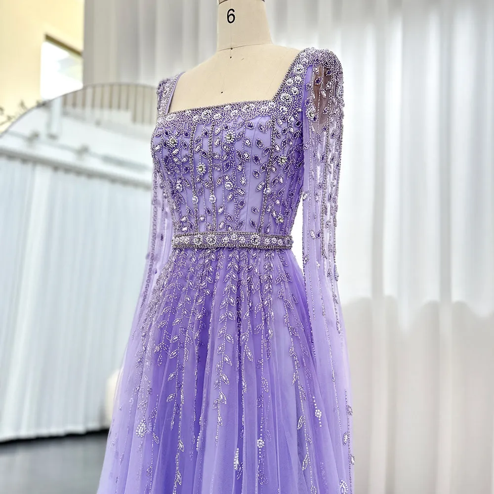 Luxury Square Neck Evening Dress with Cape Sleeves SS494