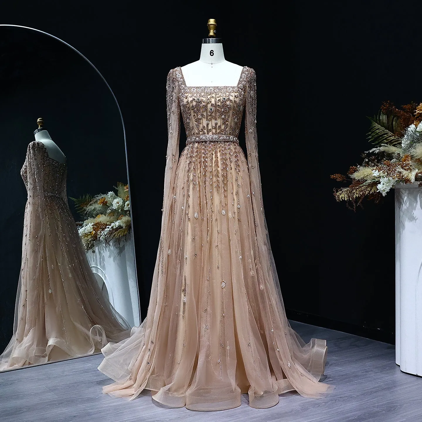 Luxury Square Neck Evening Dress with Cape Sleeves SS494