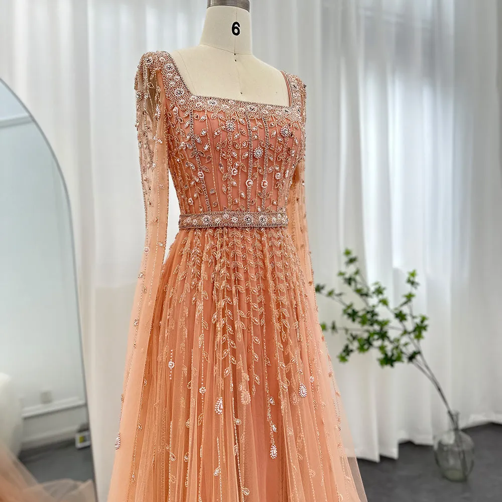 Luxury Square Neck Evening Dress with Cape Sleeves SS494
