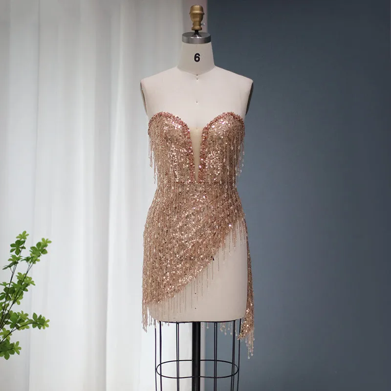 Luxury Tassel High Slit Strapless Short Cocktail Party Dress RM044